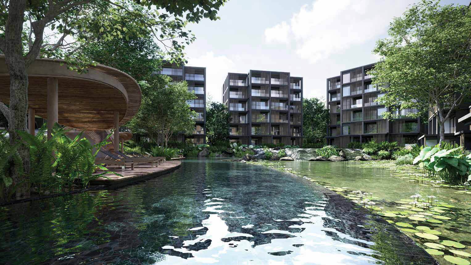 Компьютерная визуализация озера в MGallery Residences MontAzure Lakeside, Kamala, Пхукет: кувшинки, изогнутый деревянный павильон с шезлонгами и три шестиэтажных корпуса позади