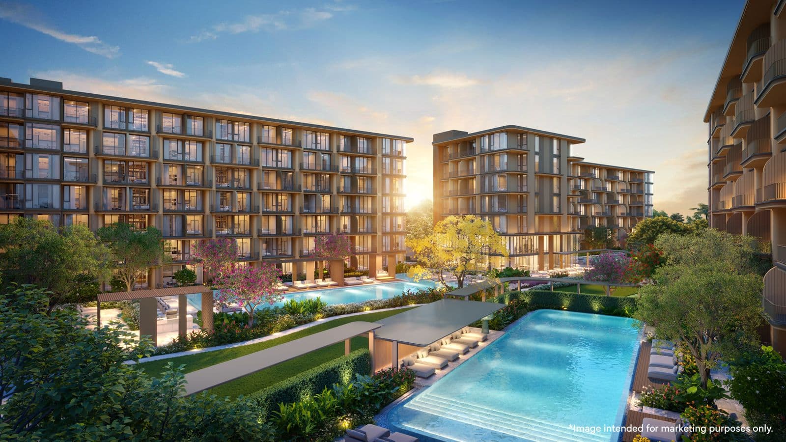ภาพจำลองคอมพิวเตอร์ของ PEYLAA Phuket, Autograph Collection Residences ยามพลบค่ำ: อาคารเจ็ดชั้นพร้อมแผงไม้บังแดด ล้อมรอบสนามหญ้าและสระว่ายน้ำยาวสองสระ ที่ Bang Tao ภูเก็ต