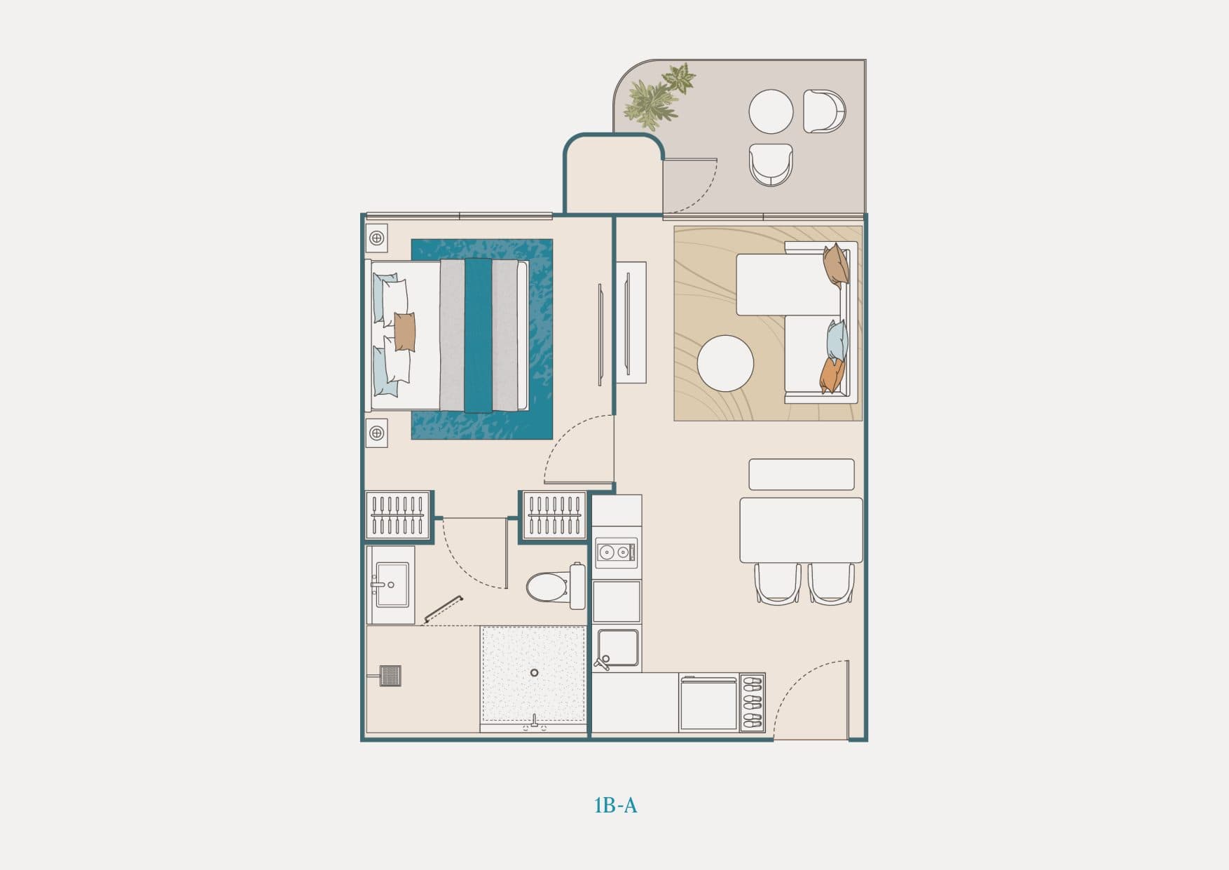 建商的 PEYLAA Phuket 一房住宅平面圖,1B-A 格局,45.57 平方公尺