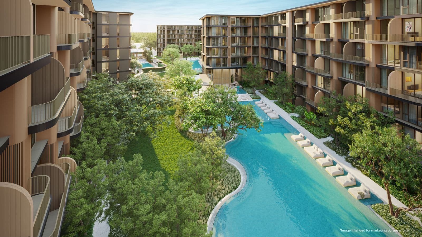 ภาพจำลองคอมพิวเตอร์ของสระข้างอาคาร B ที่ PEYLAA Phuket มองจากระเบียง เห็นสระทรงโค้งและสวน