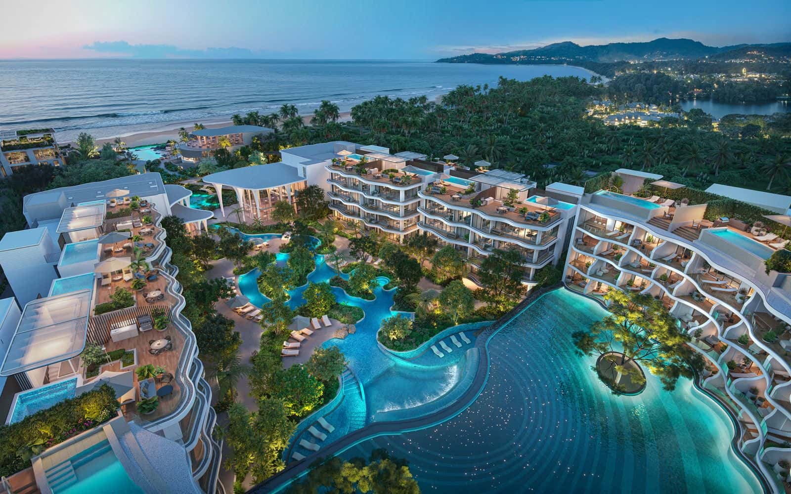 Residences at Garrya Phuket 潟湖泳池的高空電腦效果圖:泳池在住宅大樓與熱帶植物之間蜿蜒,大海在地平線上