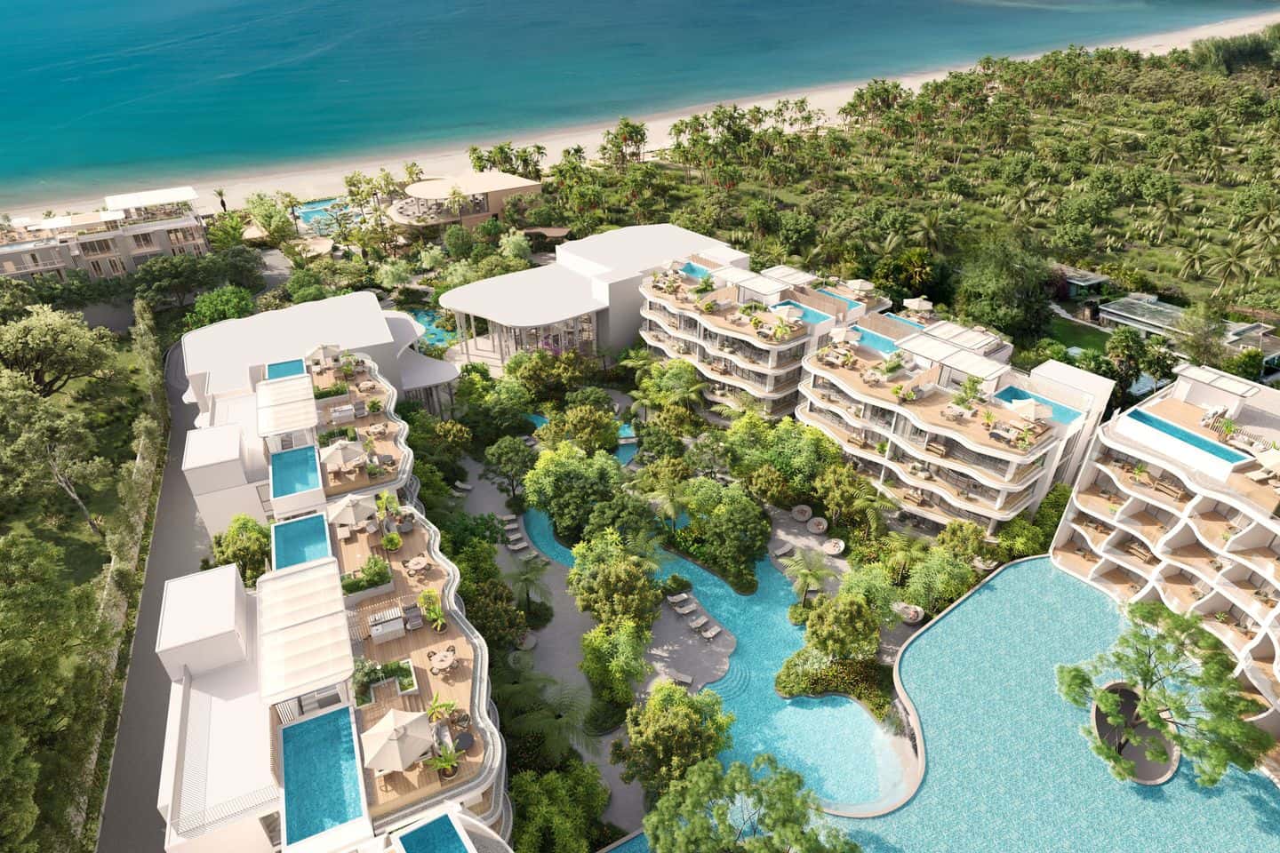 Residences at Garrya Phuket 第一期大樓的高空電腦效果圖:頂層單位的天台泳池與平台,位於潟湖泳池與花園之上