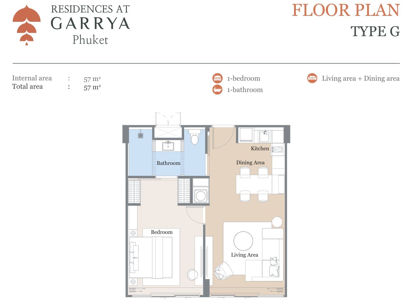 แบบแปลนของผู้พัฒนาสำหรับห้องหนึ่งห้องนอนแบบ G ในอาคาร Wisteria ที่ Residences at Garrya Phuket ขนาด 57 ตร.ม. มีห้องนอน ห้องน้ำ ครัว ส่วนรับประทานอาหาร และส่วนนั่งเล่น