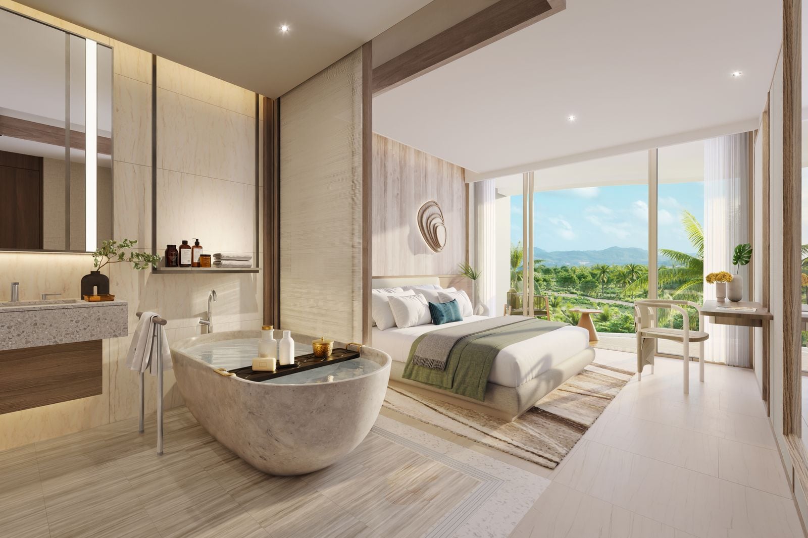Residences at Garrya Phuket 兩房住宅主人臥室的電腦效果圖:設獨立式石材浴缸,窗外是樹林