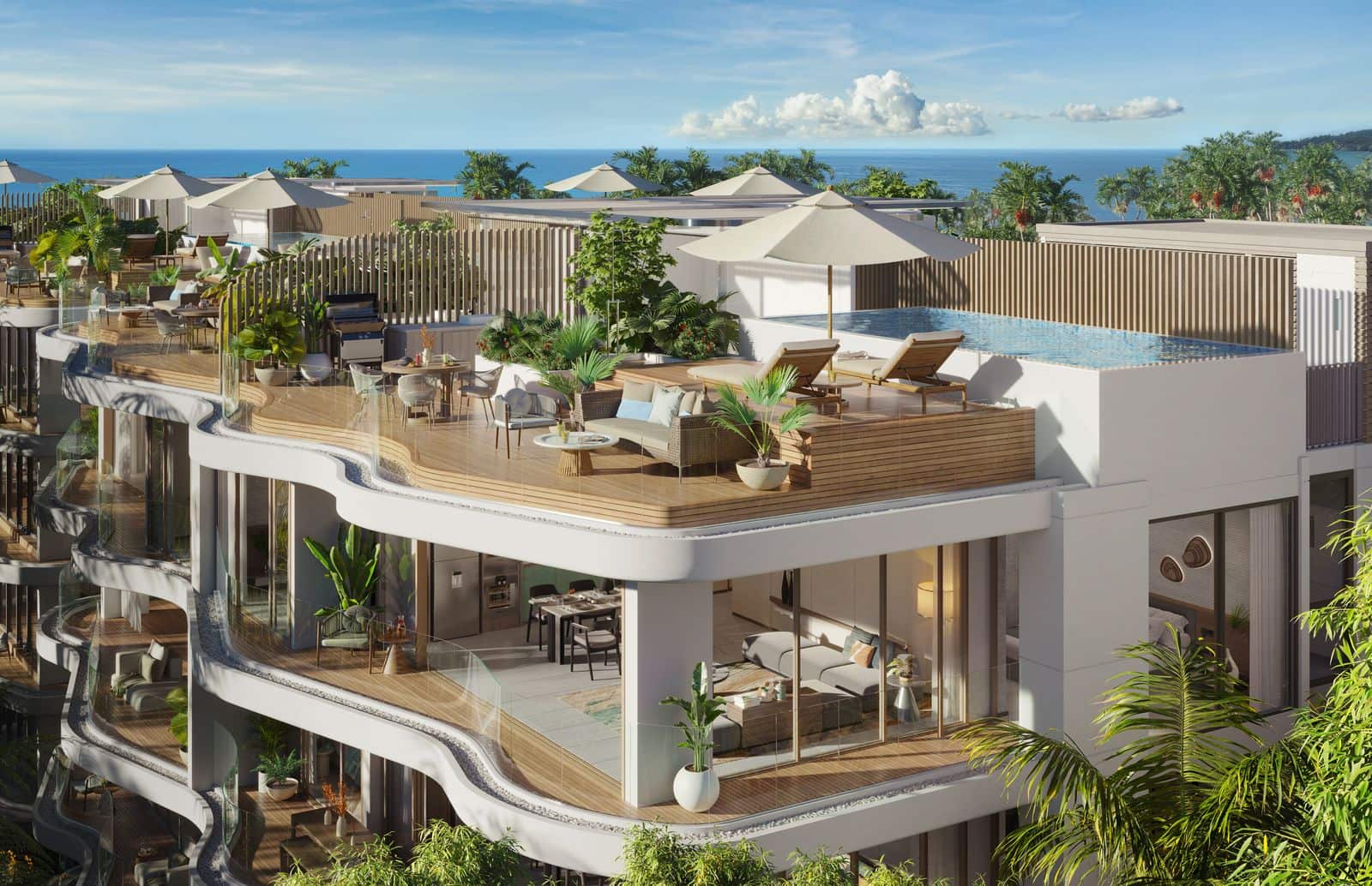 Residences at Garrya Phuket 頂層單位的電腦效果圖:客廳露台之上是天台平台,設私人泳池、日光躺椅與太陽傘