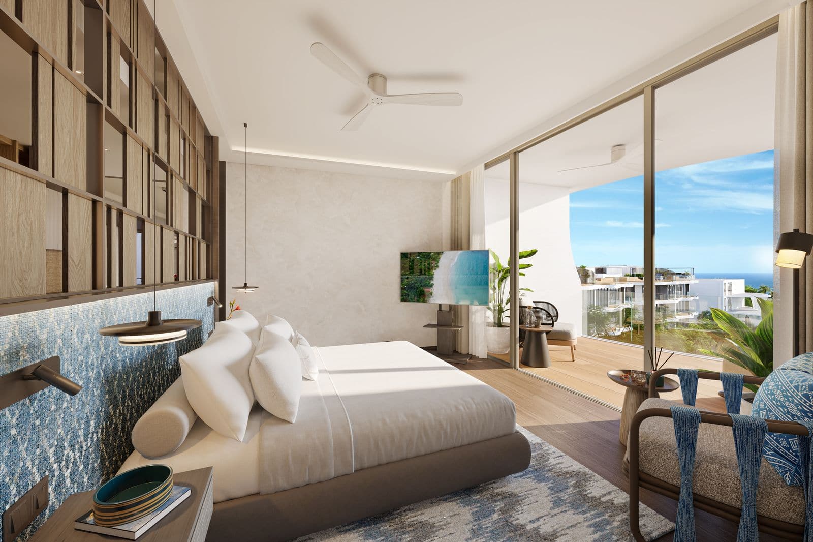 Residences at Garrya Phuket Peony 頂層單位臥室的電腦效果圖:床對著敞開的玻璃牆,外面是露台與大海