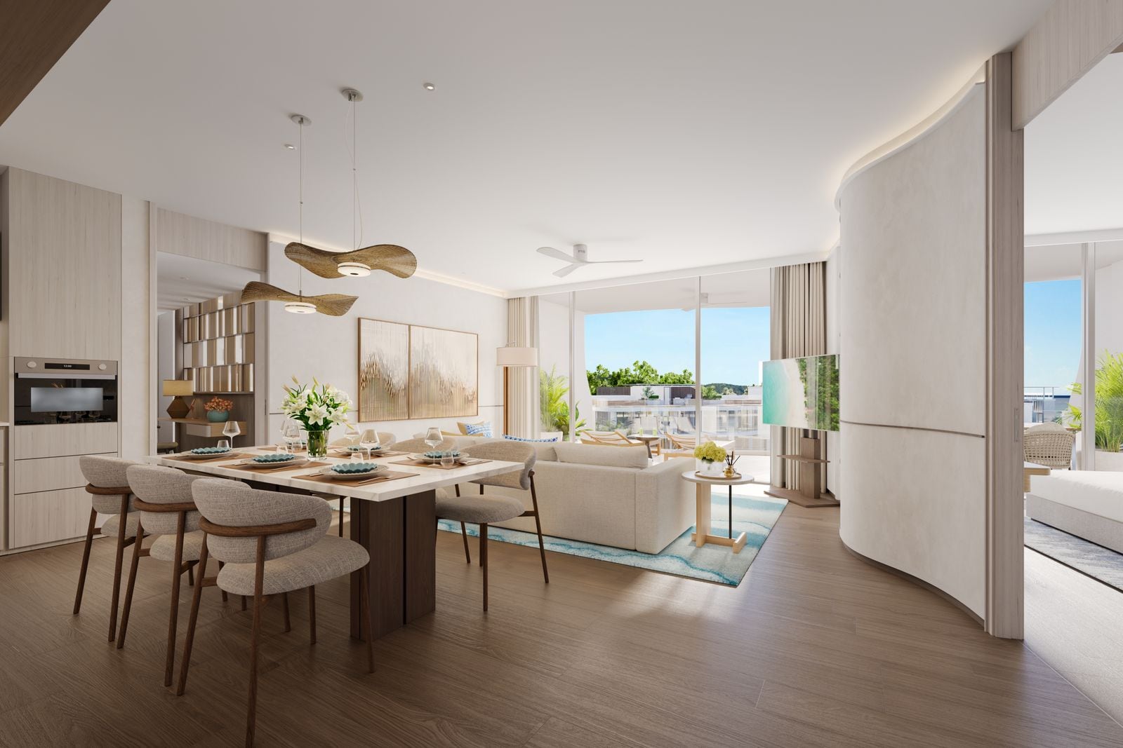 Residences at Garrya Phuket Peony 頂層單位用餐區與廚房的電腦效果圖:吊燈下是一張木餐桌