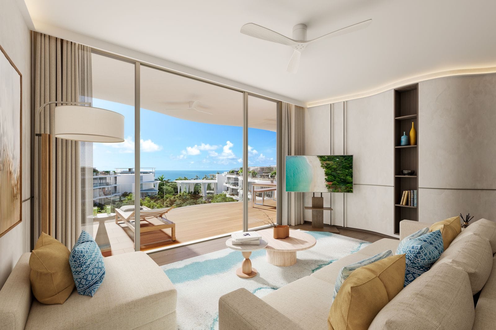 Residences at Garrya Phuket Peony 頂層單位客廳的電腦效果圖:淺色沙發,玻璃推拉門敞開,連接俯瞰度假村的露台