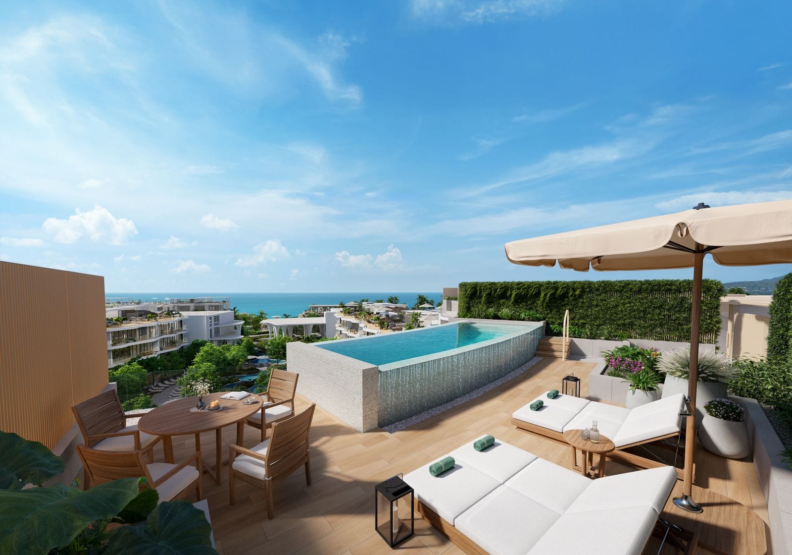 Residences at Garrya Phuket Peony 頂層單位天台泳池與平台的電腦效果圖:太陽傘下放著躺椅,屋頂之外是大海