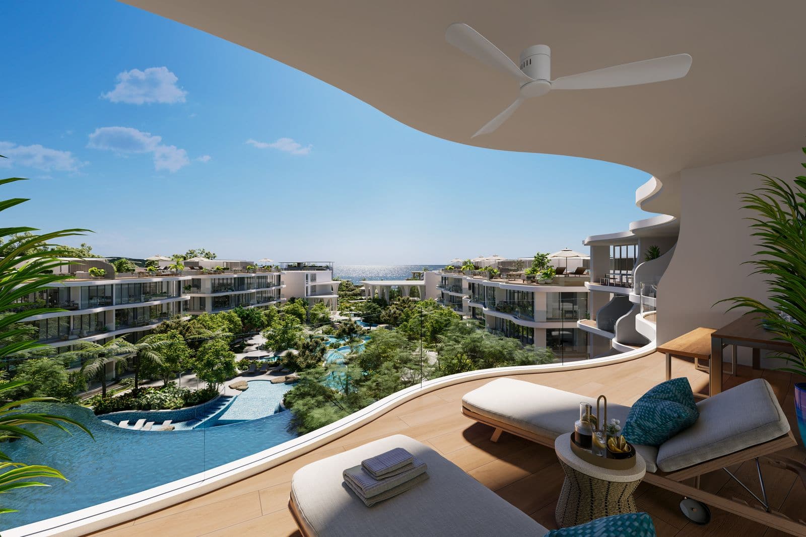 Residences at Garrya Phuket Peony 頂層單位露台的電腦效果圖:弧形平台上放著躺椅,下方是潟湖泳池與花園