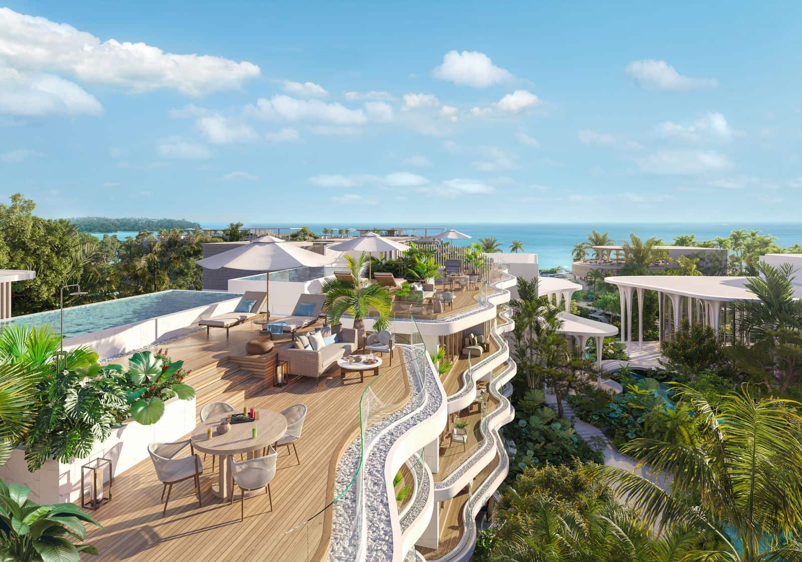Residences at Garrya Phuket 天台平台的電腦效果圖:設餐桌、太陽傘與望向大海的無邊際泳池