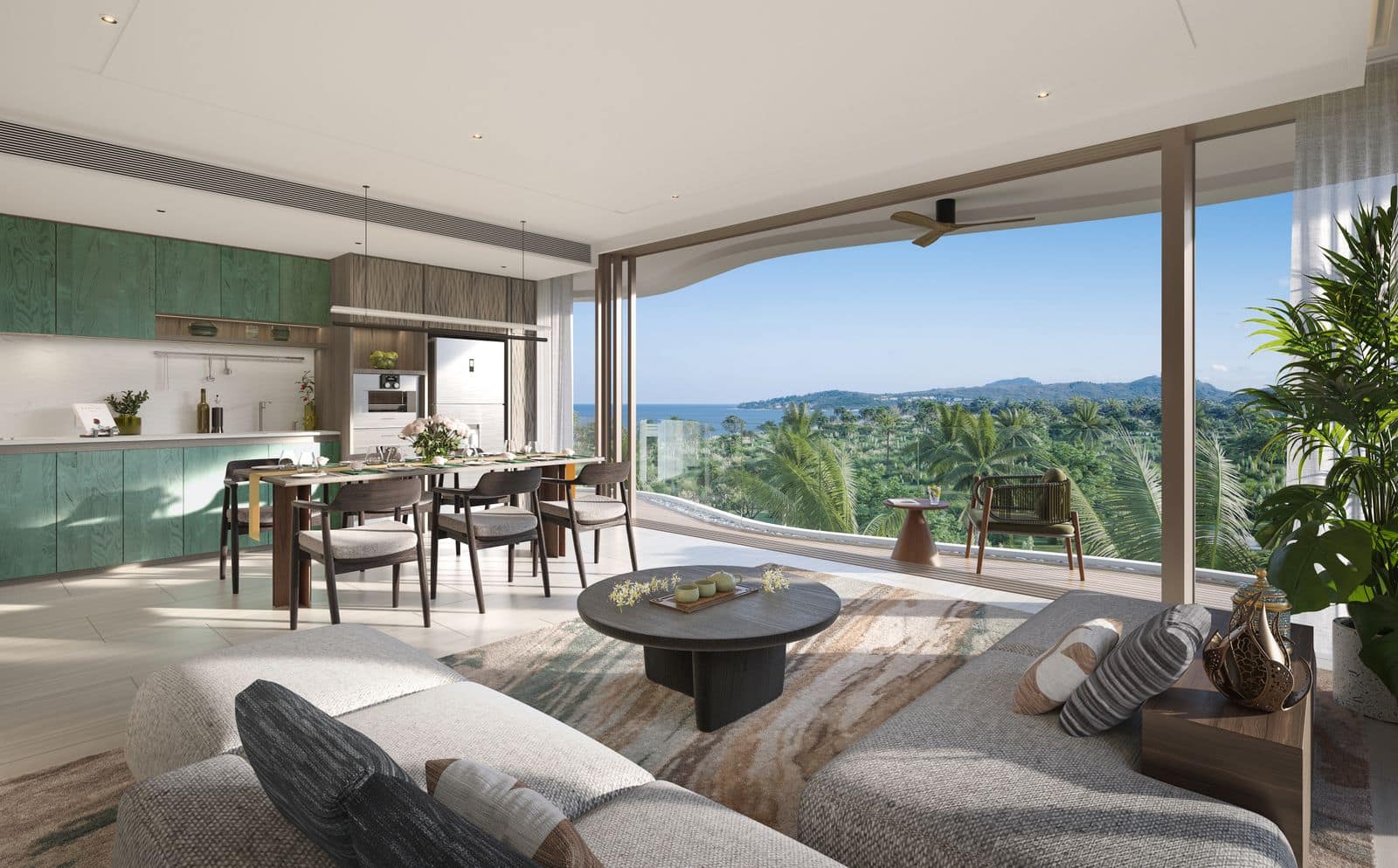 Residences at Garrya Phuket 兩房住宅客廳與小廚房的電腦效果圖:玻璃牆敞開,連接俯瞰樹梢的露台