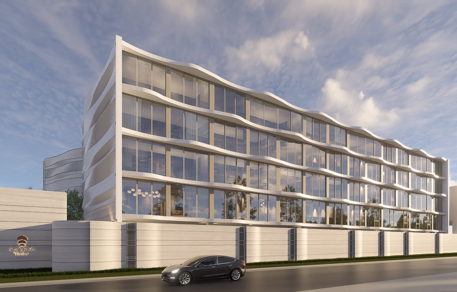 從路上看 Residences at Garrya Phuket Wisteria 大樓的電腦效果圖:入口圍牆之上是四層玻璃外牆的一房住宅