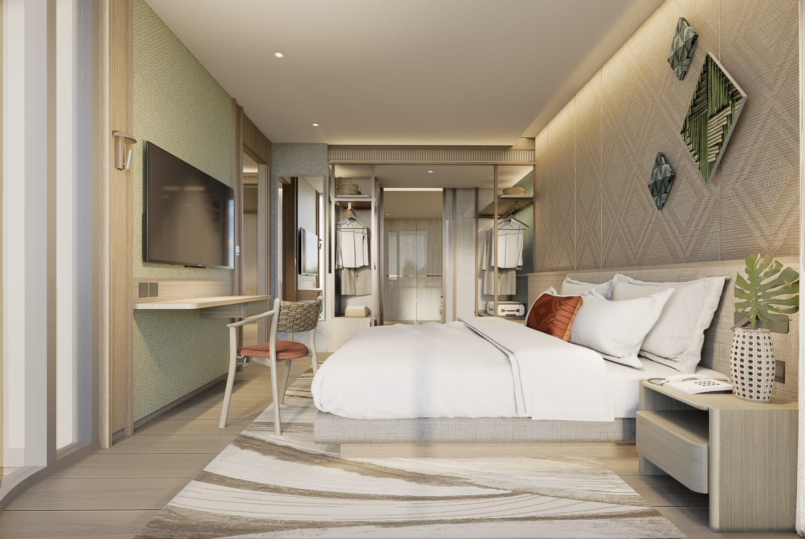 Residences at Garrya Phuket Wisteria 大樓一房住宅臥室的電腦效果圖:雙人床、書桌與綠色編織衣櫃