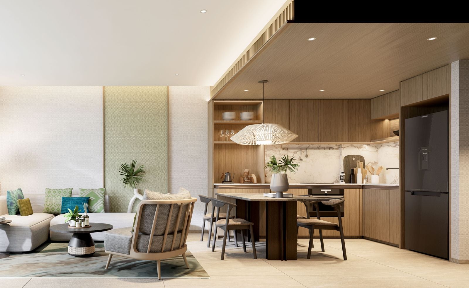 Residences at Garrya Phuket Wisteria 大樓一房住宅客廳與小廚房的電腦效果圖:沙發、四人餐桌與木質廚房