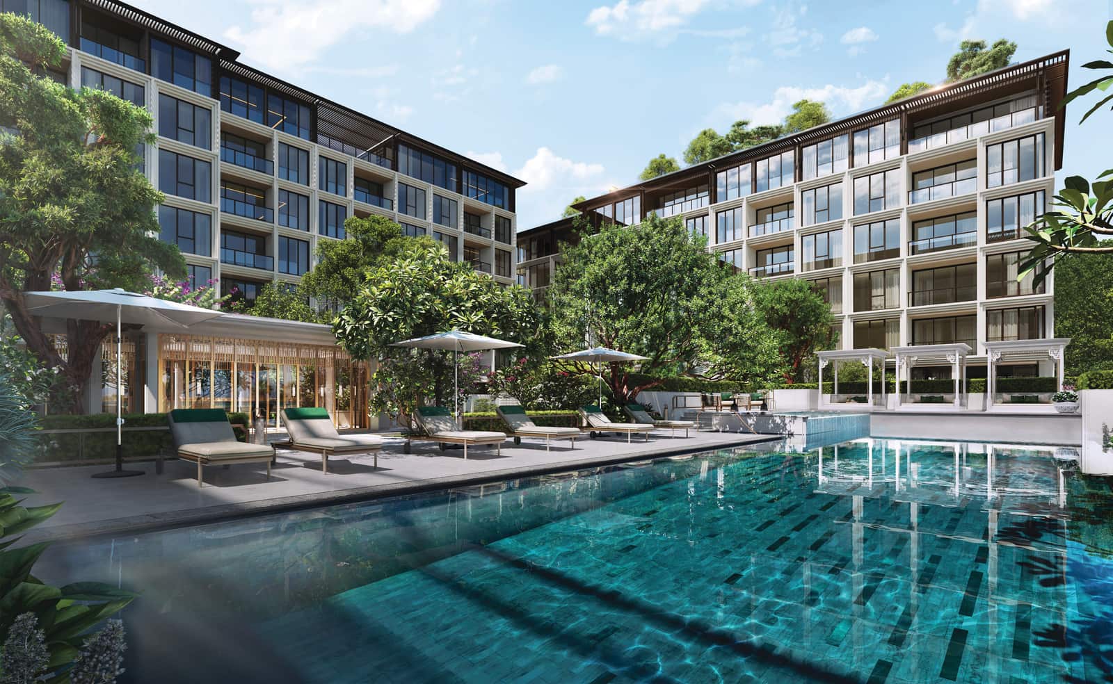 Терраса у бассейна The Residences at InterContinental Phuket Resort, Kamala, визуализация застройщика: шезлонги между двумя жилыми корпусами