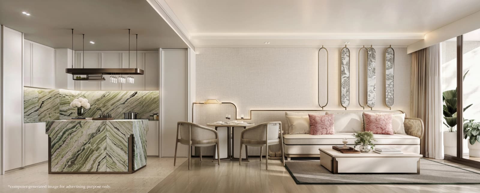 ภาพจำลองห้องนั่งเล่นและครัวเปิดของห้องชุด 1 ห้องนอน 67 ตร.ม. ที่ The Residences at InterContinental Phuket Resort, Kamala พร้อมเคาน์เตอร์หินอ่อนหยก