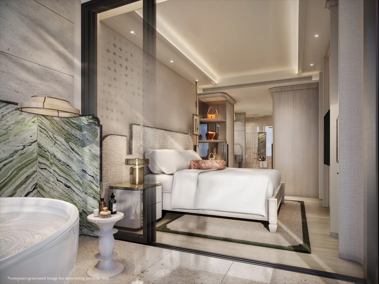 ภาพจำลองห้องนอนของห้องชุด 1 ห้องนอนที่ The Residences at InterContinental Phuket Resort, Kamala พร้อมห้องน้ำกรุหินอ่อนด้านหลัง