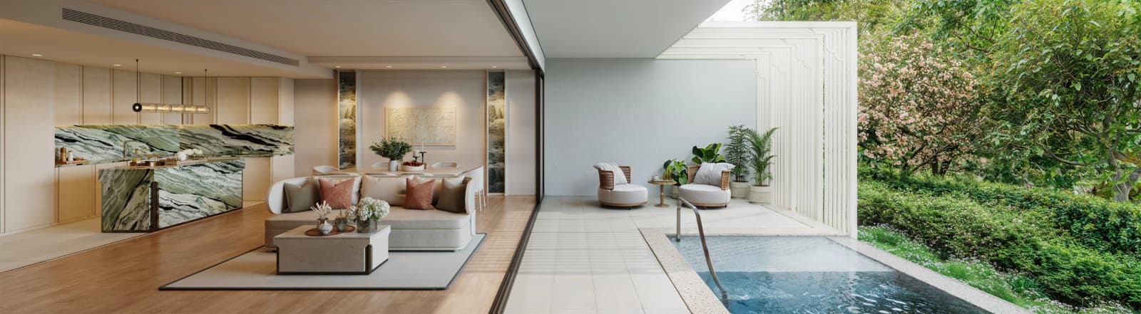 ภาพจำลองห้องนั่งเล่นของห้องชุด 2 ห้องนอนพร้อมสระที่ The Residences at InterContinental Phuket Resort, Kamala เปิดออกสู่ระเบียงสระส่วนตัว