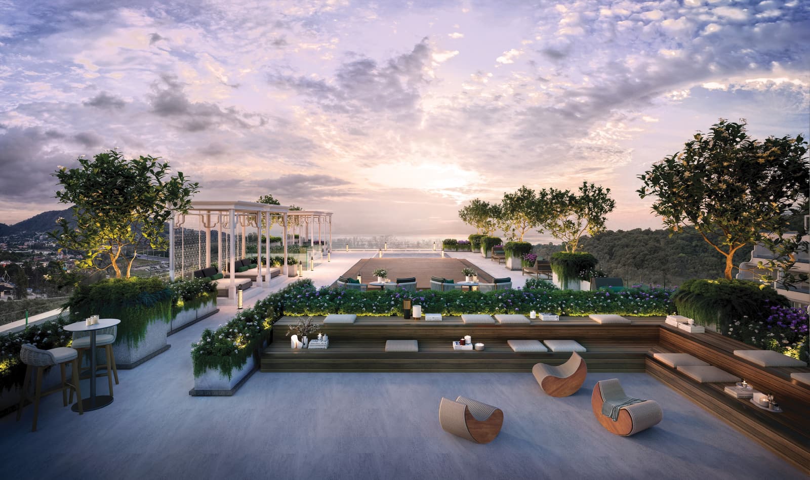 Computer-generated render of the rooftop wellness and meditation pavilion at The Residences at InterContinental Phuket Resort, Kamala, at sunset with the bay beyond
