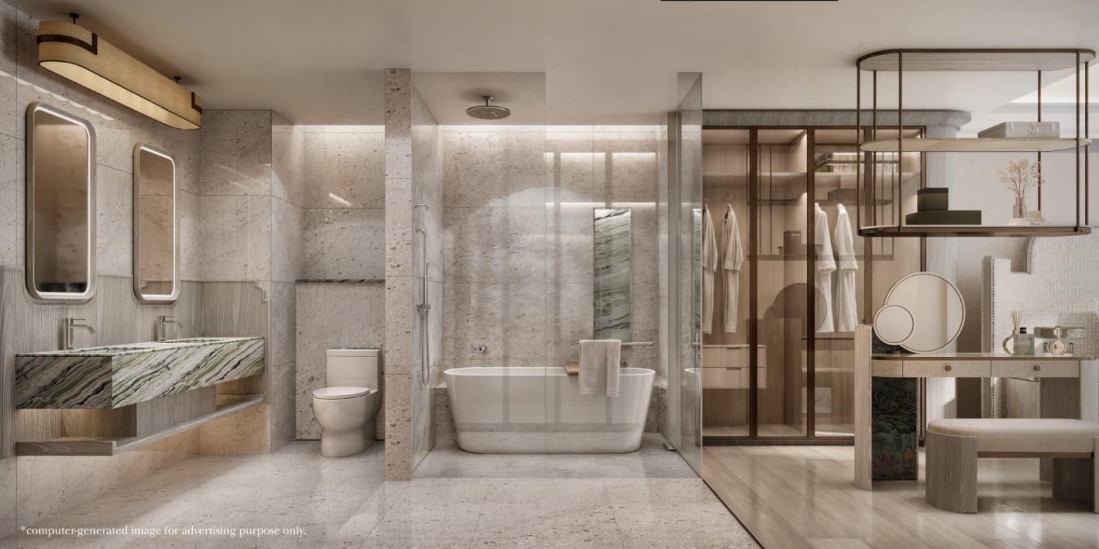 ภาพจำลองห้องน้ำที่ The Residences at InterContinental Phuket Resort, Kamala พร้อมอ่างอาบน้ำ ฝักบัวแบบเดินเข้า และวัสดุหินอ่อน