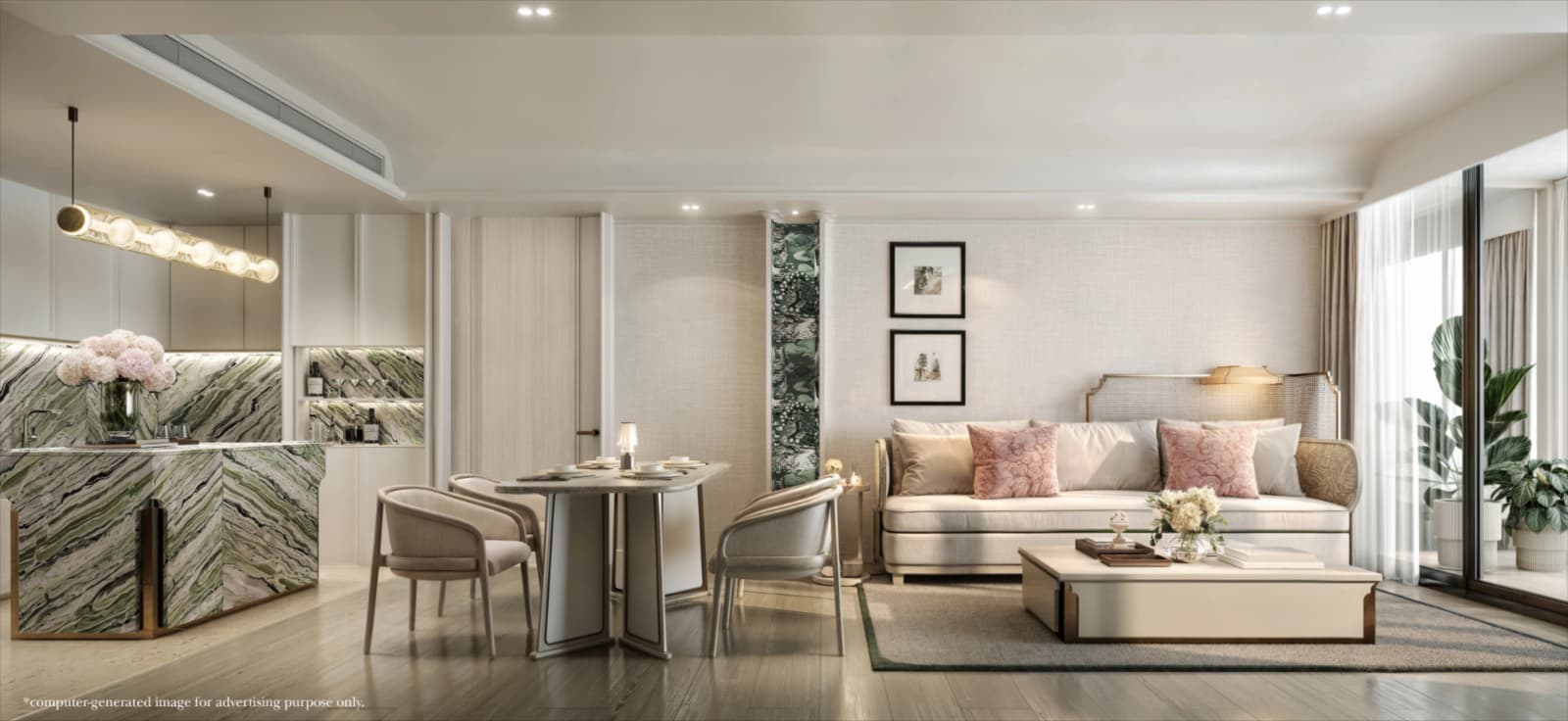 ภาพจำลองห้องนั่งเล่นและรับประทานอาหารของห้องชุด 2 ห้องนอน 100 ตร.ม. ที่ The Residences at InterContinental Phuket Resort, Kamala