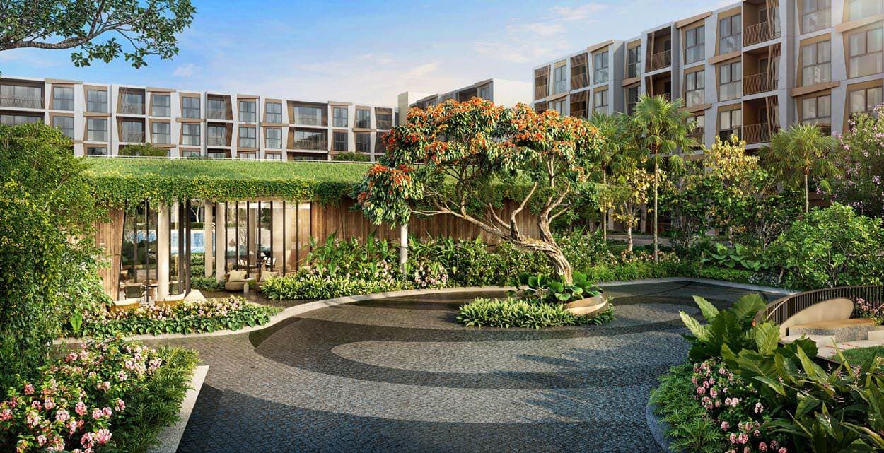 Computer-generated render of the arrival garden at Rhea by Sansiri, Surin, Phuket: a curved driveway around a flowering tree, the green-roofed lobby pavilion and the five-storey buildings behind