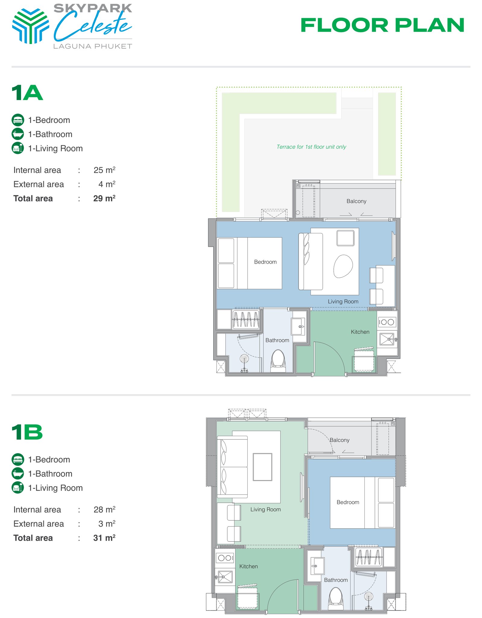 开发商的 Skypark Celeste Laguna Phuket 1A 及 1B 户型一居室户型图:1A 室内25平方米,共29平方米;1B 室内28平方米,共31平方米