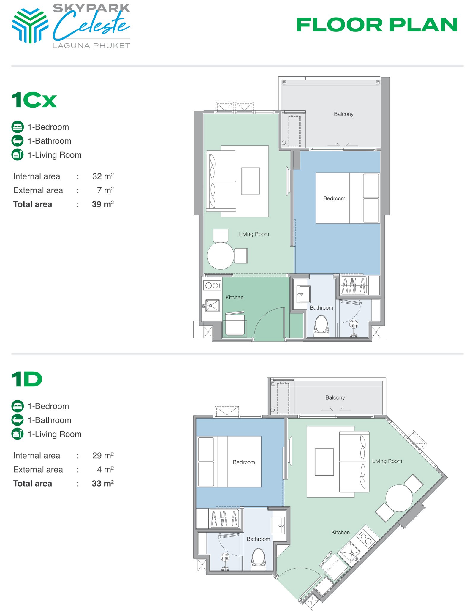 發展商的 Skypark Celeste Laguna Phuket 1Cx 及 1D 型一房平面圖:1Cx 室內 32 平方米,合共 39 平方米