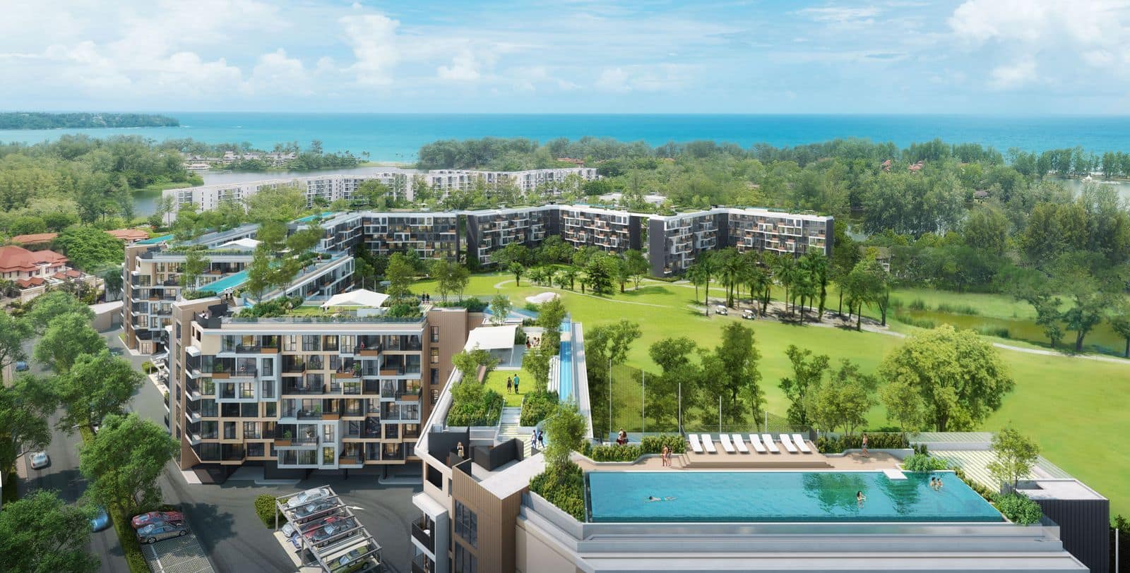 Skypark Celeste Laguna Phuket 天台无边泳池的效果图,远处是球场和大海