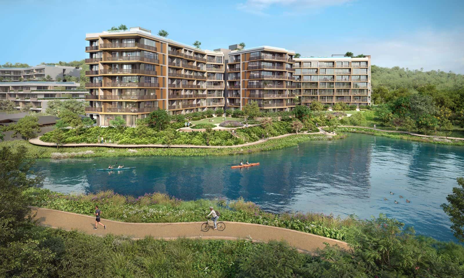 Computer-generated view of the two seven-floor blocks of Skypark Elara across the lake at Laguna Lakelands, inland of Laguna Phuket
