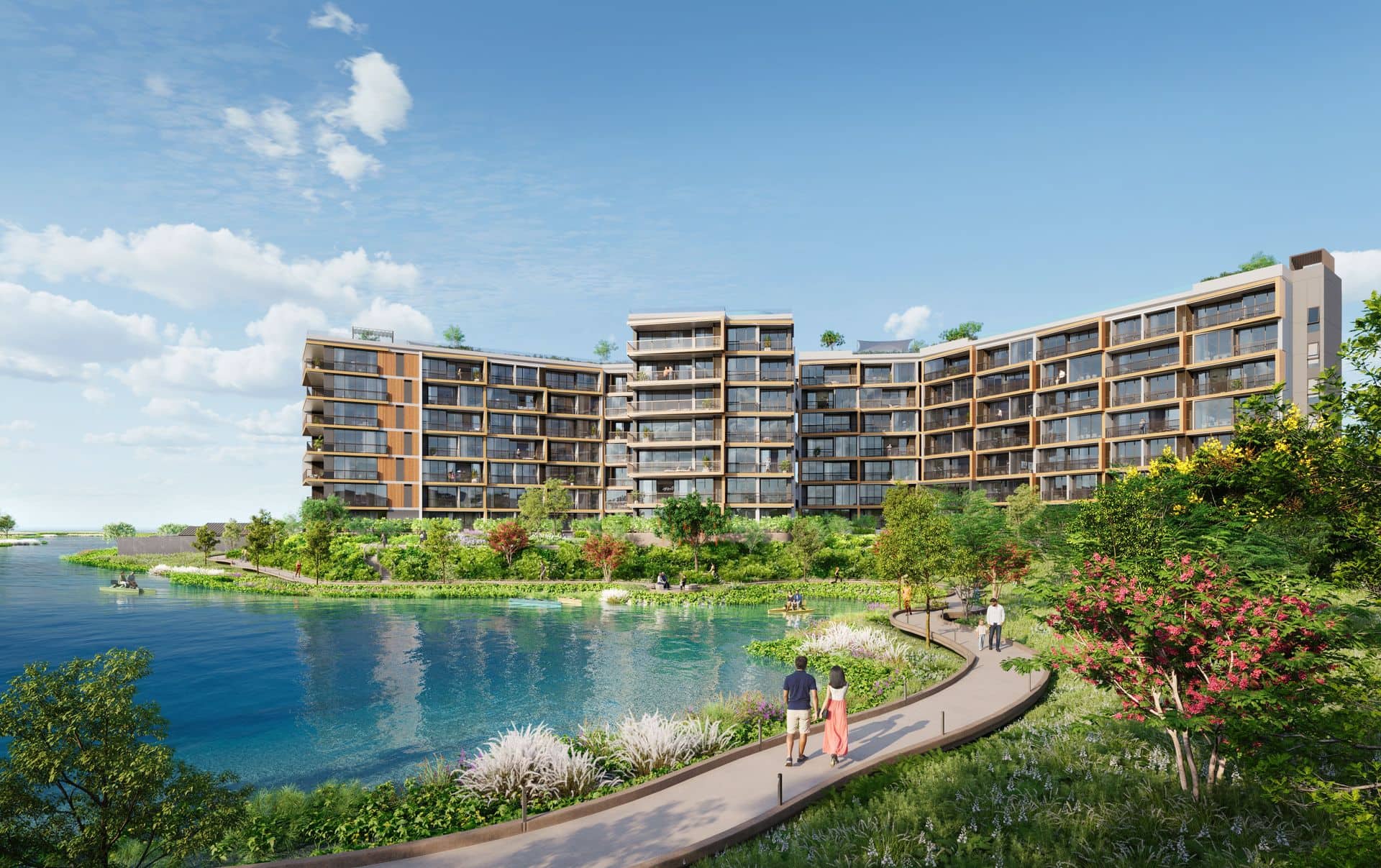 Computer-generated view of Skypark Elara's seven-floor blocks over the lake walk at Laguna Lakelands, Laguna Phuket