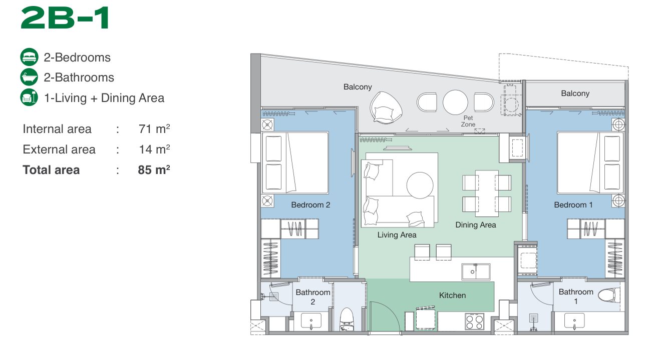 The developer's plan of type 2B-1 at Skypark Elara Lakelands Phuket, a two-bedroom: 71 sqm inside, 85 in all