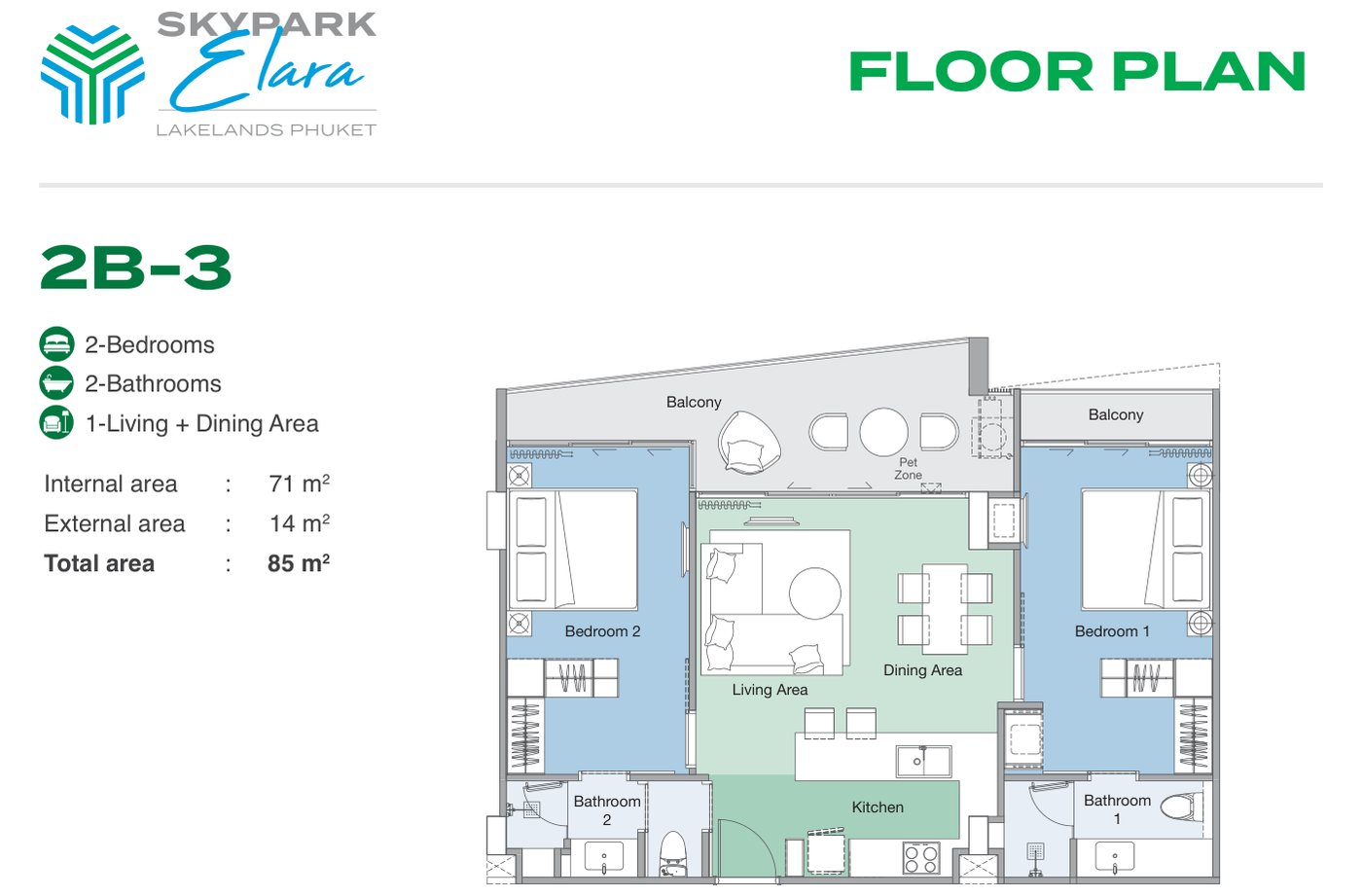 The developer's plan of type 2B-3 at Skypark Elara Lakelands Phuket, a two-bedroom: 71 sqm inside, 85 in all