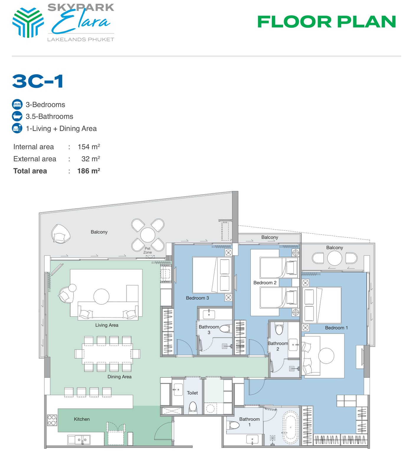 The developer's plan of type 3C-1 at Skypark Elara Lakelands Phuket, a three-bedroom with three and a half bathrooms: 154 sqm inside, 186 in all