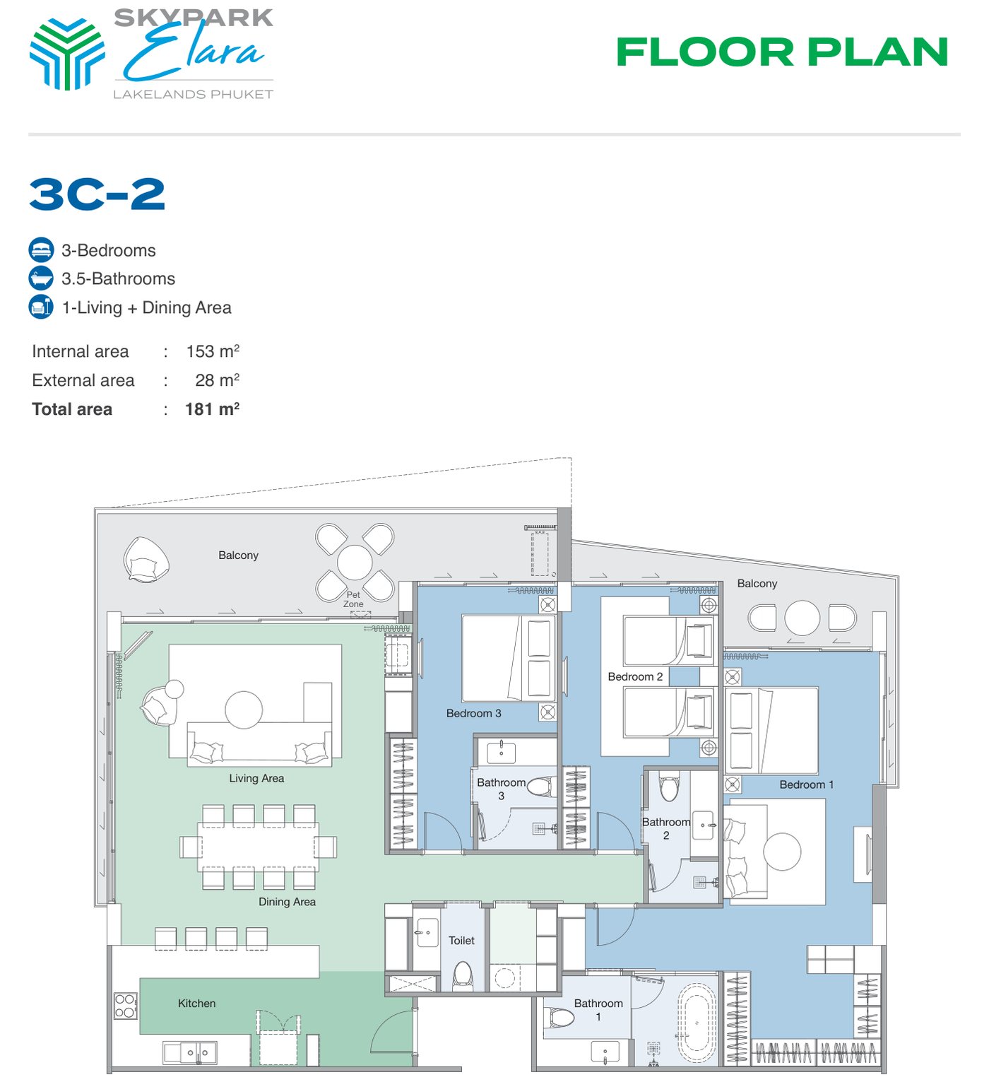 The developer's plan of type 3C-2 at Skypark Elara Lakelands Phuket, a three-bedroom with three and a half bathrooms: 153 sqm inside, 181 in all