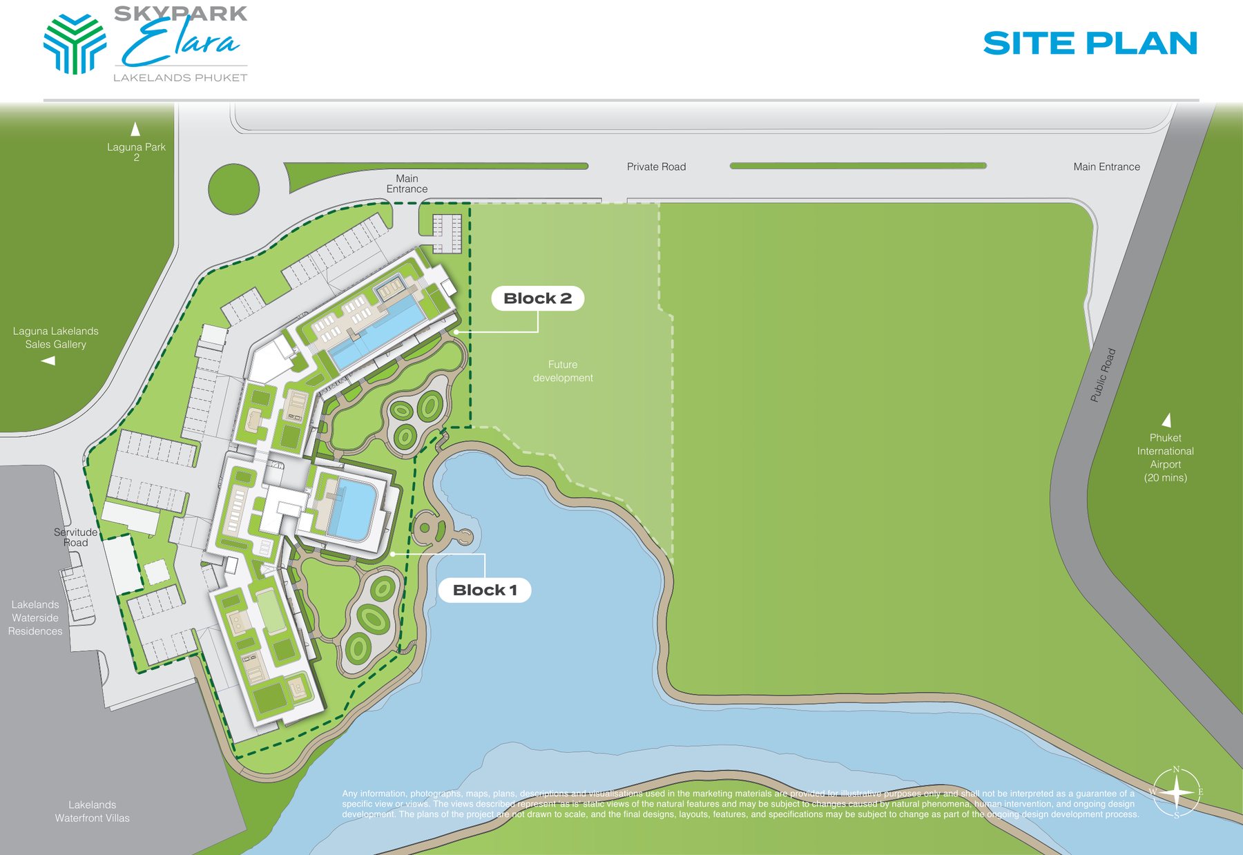 The developer's site plan of Skypark Elara Lakelands Phuket, May 2026: Block 1 on the lake shore, Block 2 behind it by the private road, the Waterside Residences to the south-west