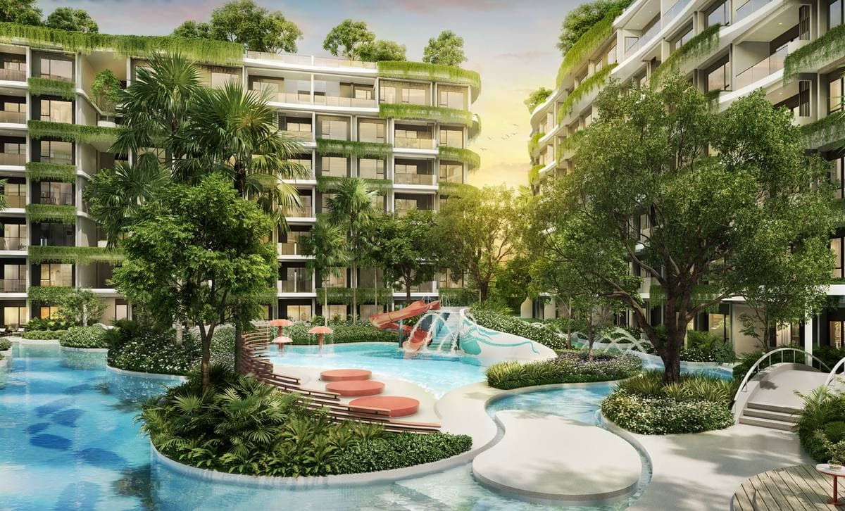 Компьютерная визуализация сада с бассейнами Coastal Island в The Modeva Bang Tao, Пхукет: бассейн-лагуна с островками, горками и шезлонгами между озеленёнными семиэтажными корпусами на закате