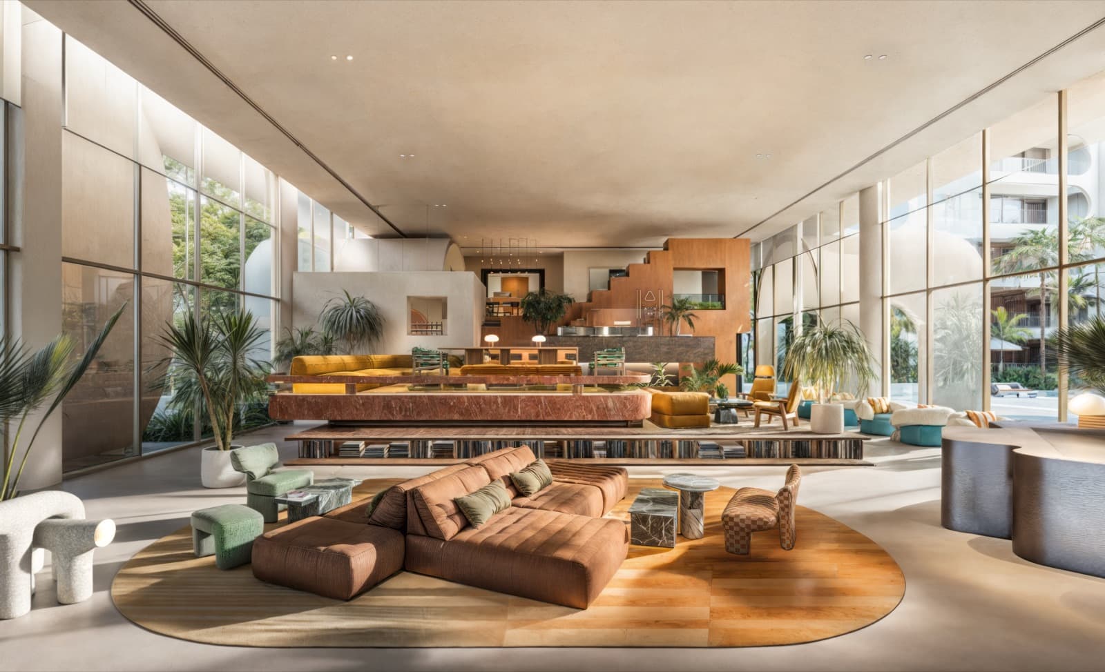 Визуализация застройщика: лаунж в лобби The Standard Residences, Phuket Bang Tao, низкие диваны и стойка с персоналом