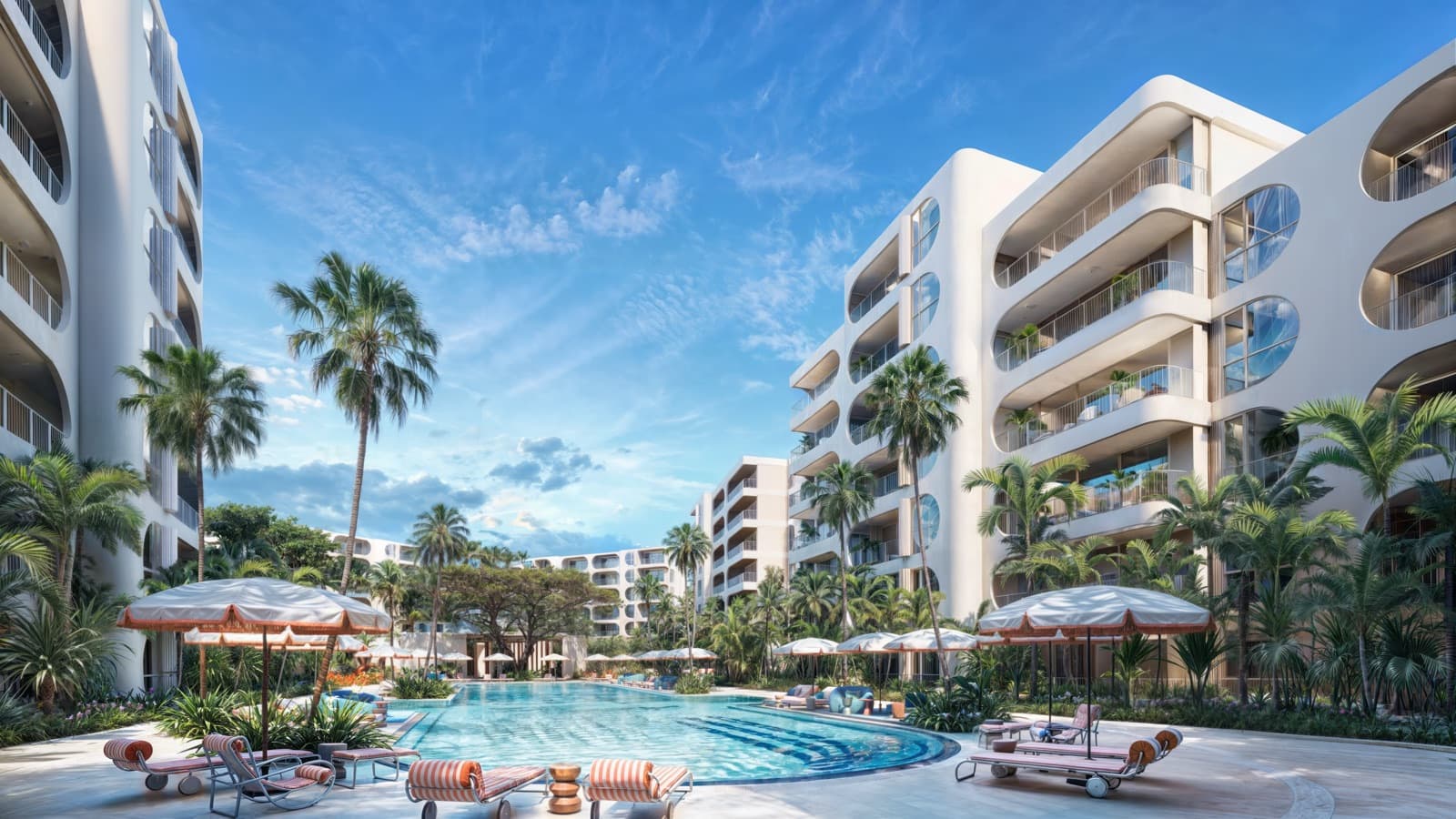ภาพจำลองจากคอมพิวเตอร์ของลานสระที่ The Standard Residences, Phuket Bang Tao พร้อมต้นปาล์มและระเบียงทรงโค้งของอาคาร