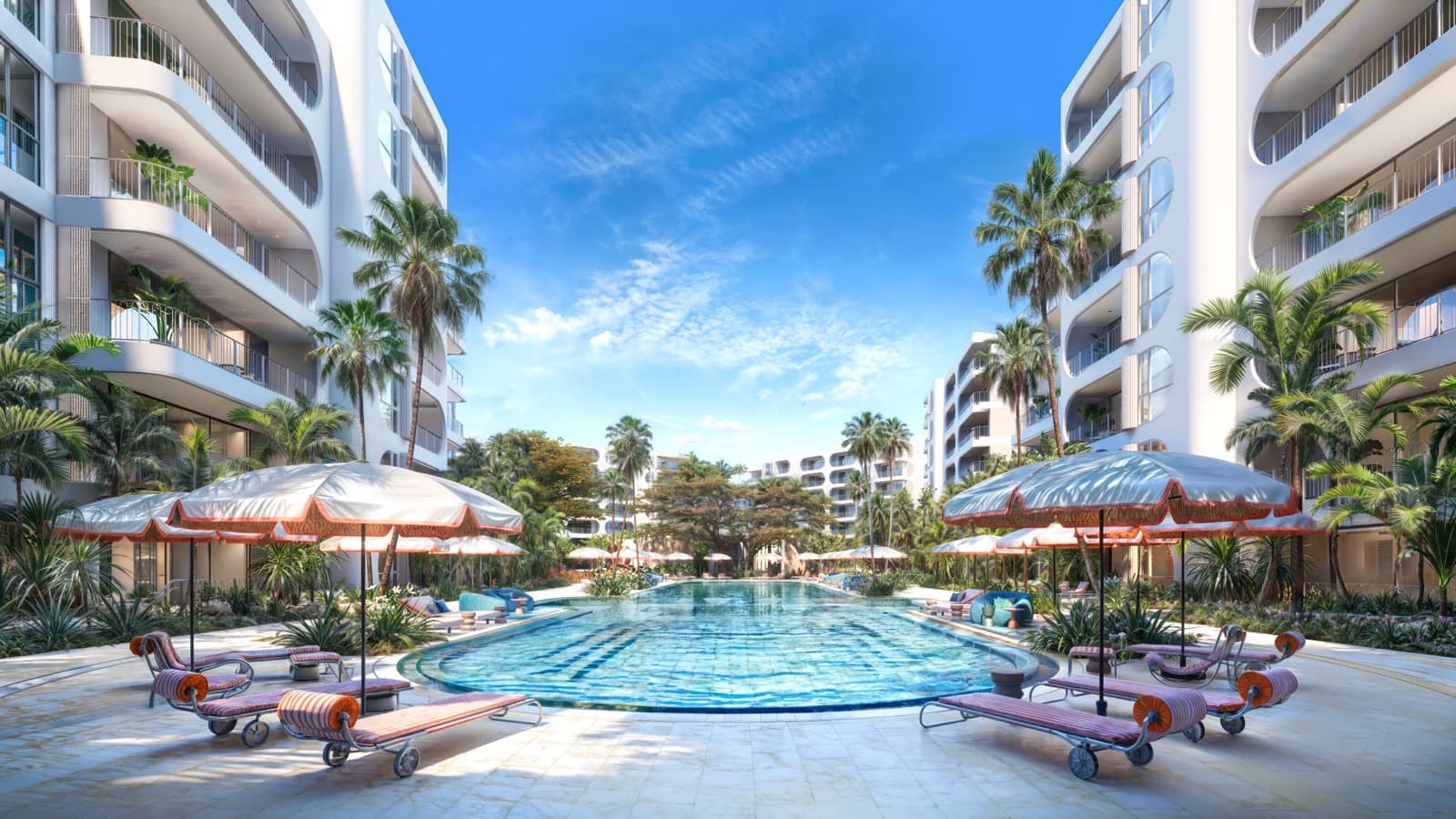 Визуализация застройщика: 25-метровый бассейн в The Standard Residences, Phuket Bang Tao, красно-белые зонты и белые семиэтажные корпуса вокруг