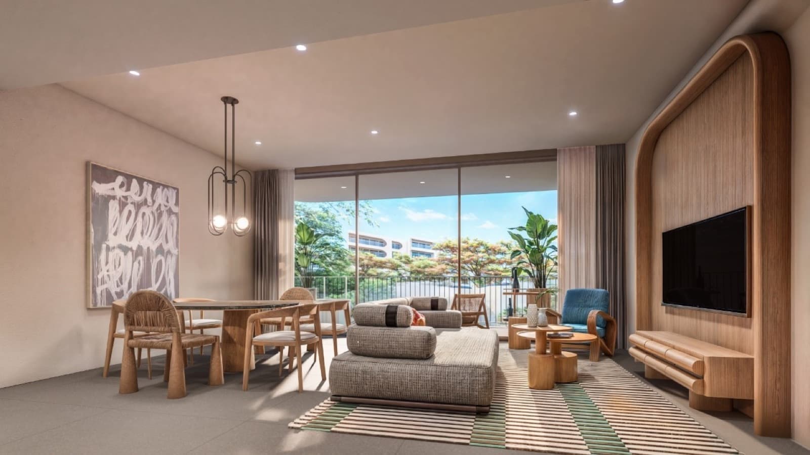 ภาพจำลองจากคอมพิวเตอร์ของห้องนั่งเล่นในห้อง 2 ห้องนอน 100 ตร.ม. ที่ The Standard Residences, Phuket Bang Tao
