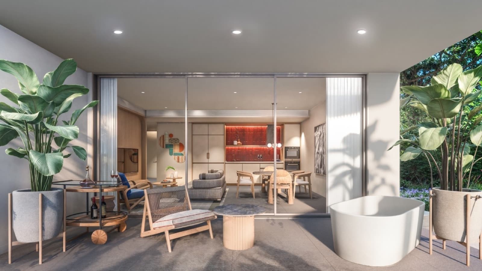 ภาพจำลองจากคอมพิวเตอร์ของอ่างอาบน้ำบนระเบียงในห้อง 2 ห้องนอน 100 ตร.ม. ที่ The Standard Residences, Phuket Bang Tao