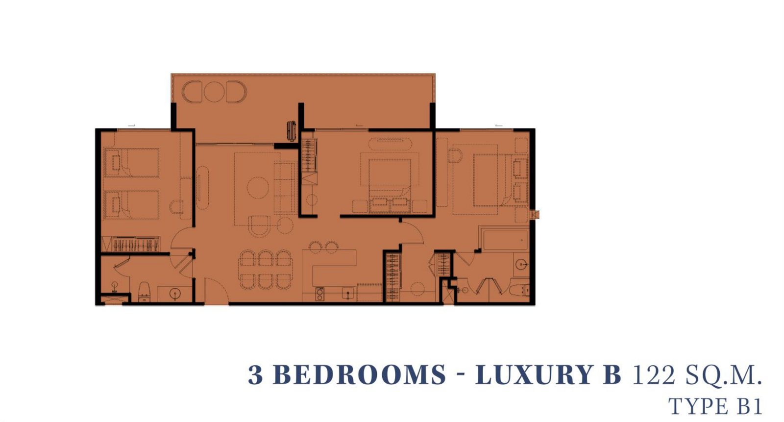 แบบแปลนของผู้พัฒนาสำหรับห้อง 3 ห้องนอนแบบ Luxury B1 ที่ The Title Heritage Bang-Tao ภูเก็ต 122 ตารางเมตร