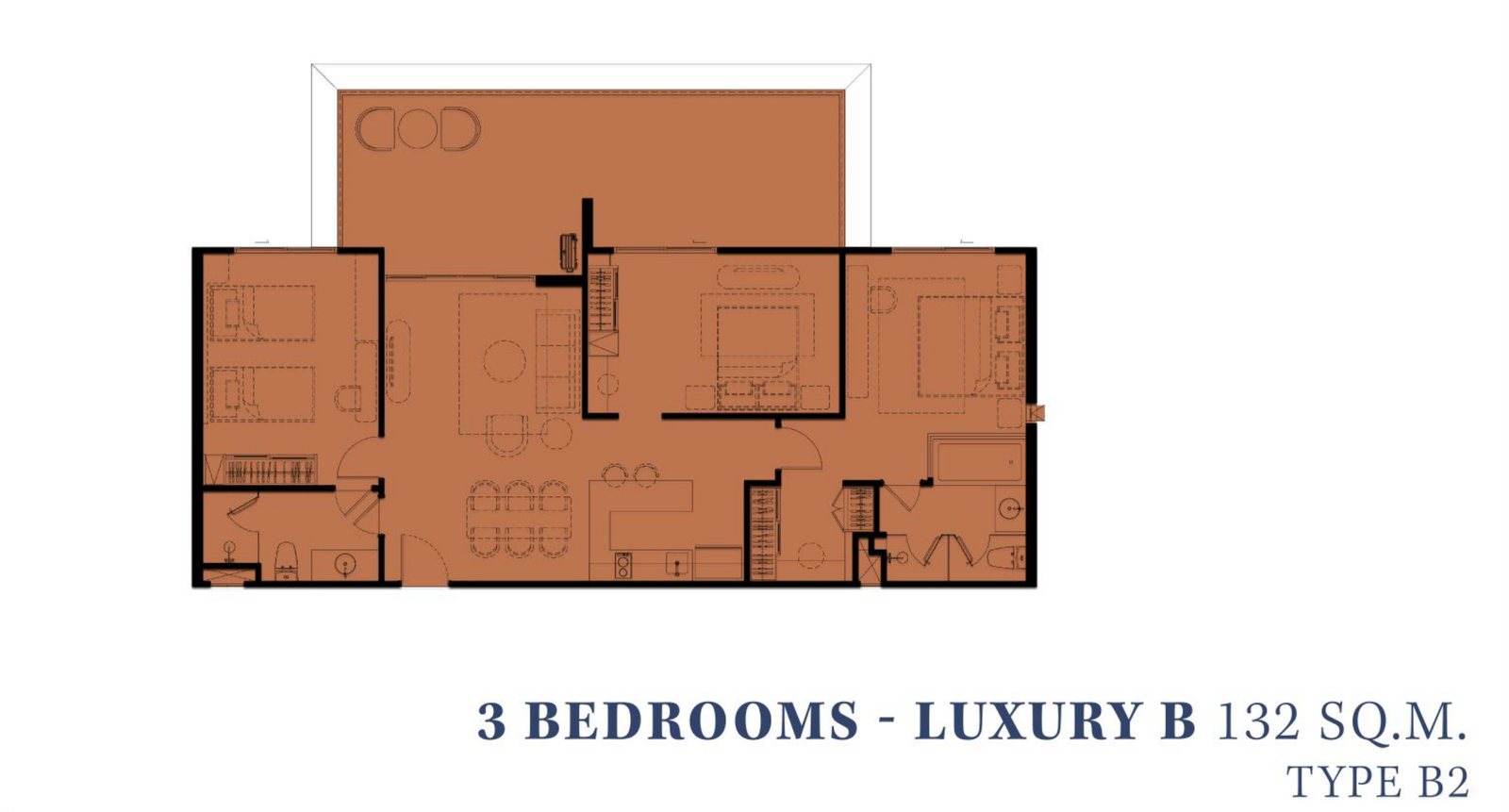 แบบแปลนของผู้พัฒนาสำหรับห้อง 3 ห้องนอนแบบ Luxury B2 ที่ The Title Heritage Bang-Tao ภูเก็ต 132 ตารางเมตร