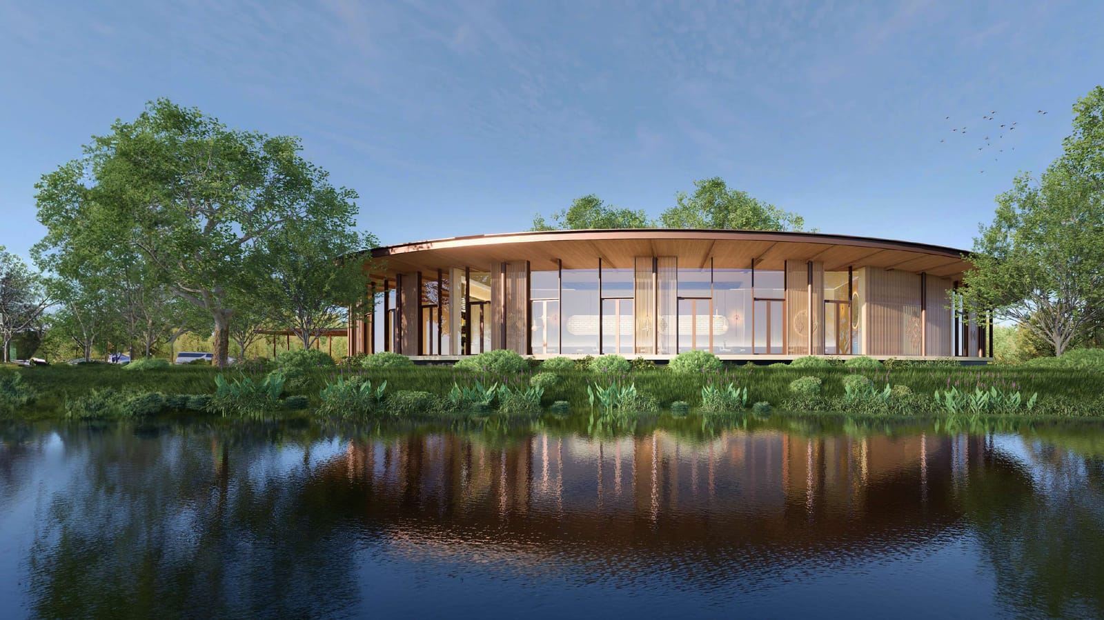 Computer-generated render of the Longevity Plaza at Clinique La Prairie's health resort at Tri Vananda, Phuket: a round pavilion on the lake