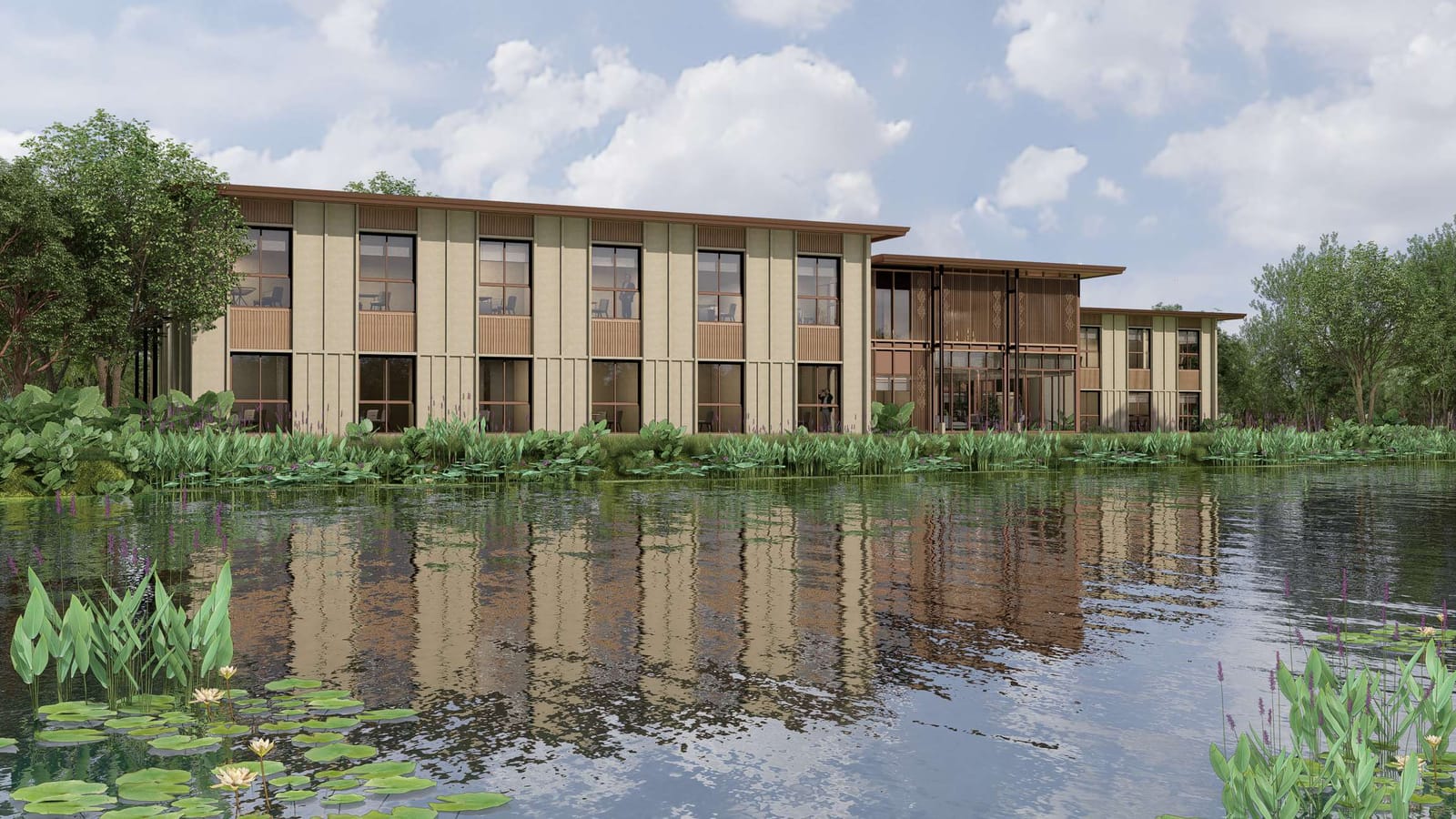 Computer-generated render of the medical building of Clinique La Prairie's health resort at Tri Vananda, Phuket, on the lake