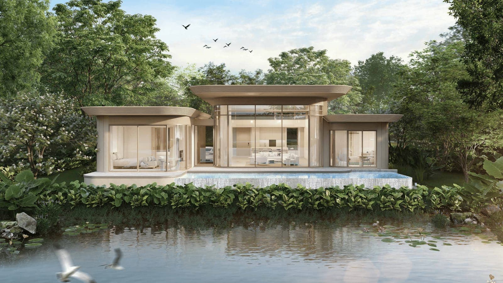 Computer-generated render of the Nanda 2 villa at Tri Vananda, Phuket: a one-storey modern villa on a lake