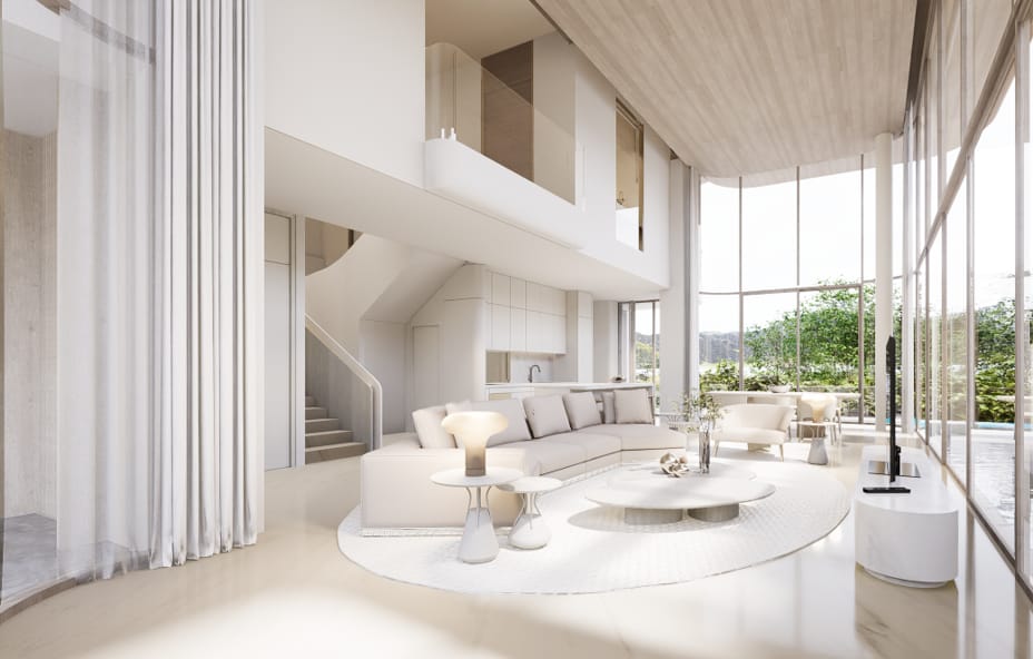 Computer-generated render of the double-height living room of the Nanda 2+ villa at Tri Vananda, Phuket