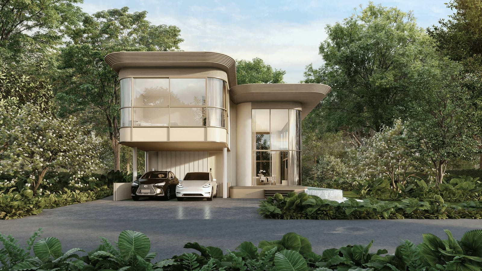 Computer-generated render of the Nanda 2+ villa at Tri Vananda, Phuket: a two-storey modern villa in curved glass